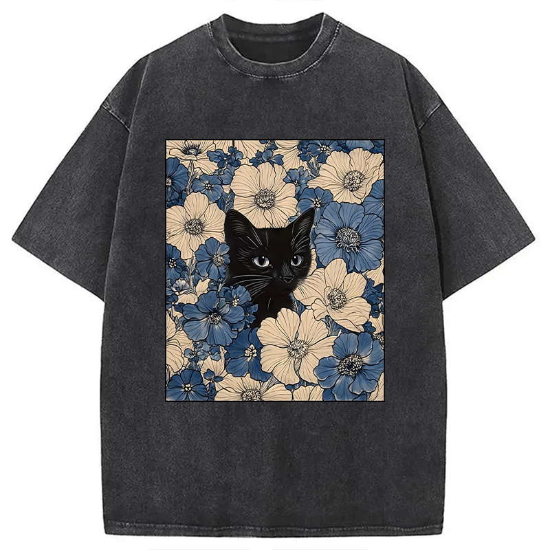 Modecanvas Cat In The Flowers Washed T-Shirt