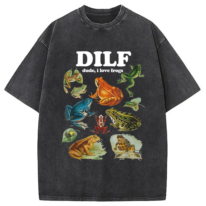 Modecanvas Dude I Love Frog Washed T-Shirt-modecanvas