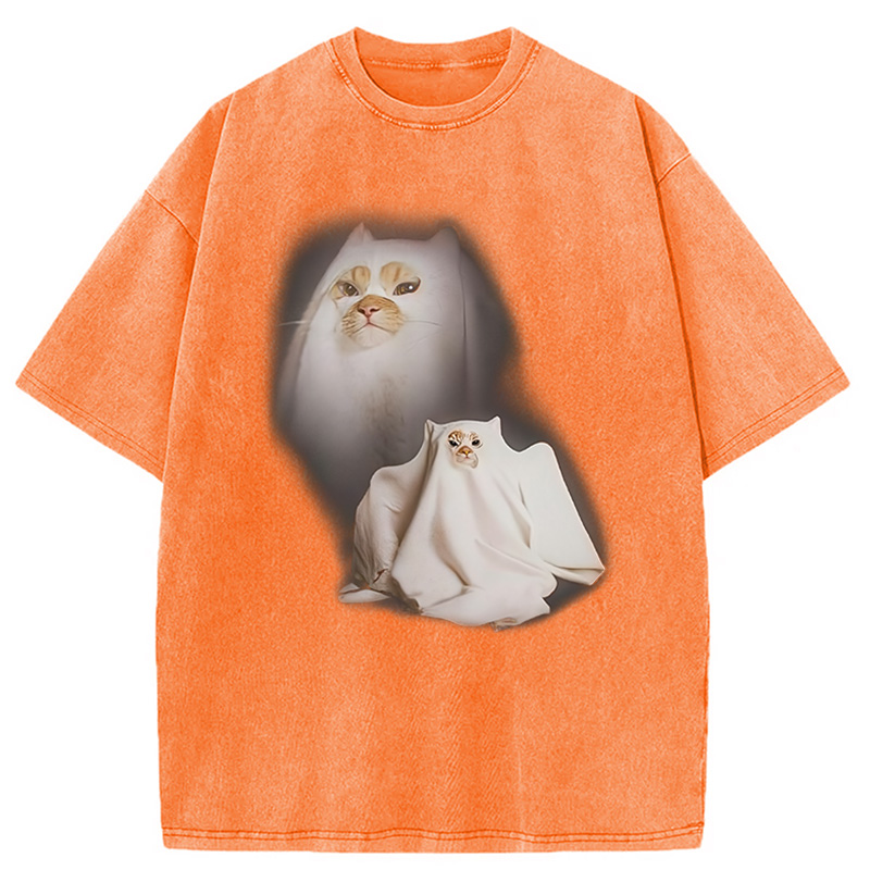 Modecanvas Ghost Cat Meme Washed T-Shirt-modecanvas