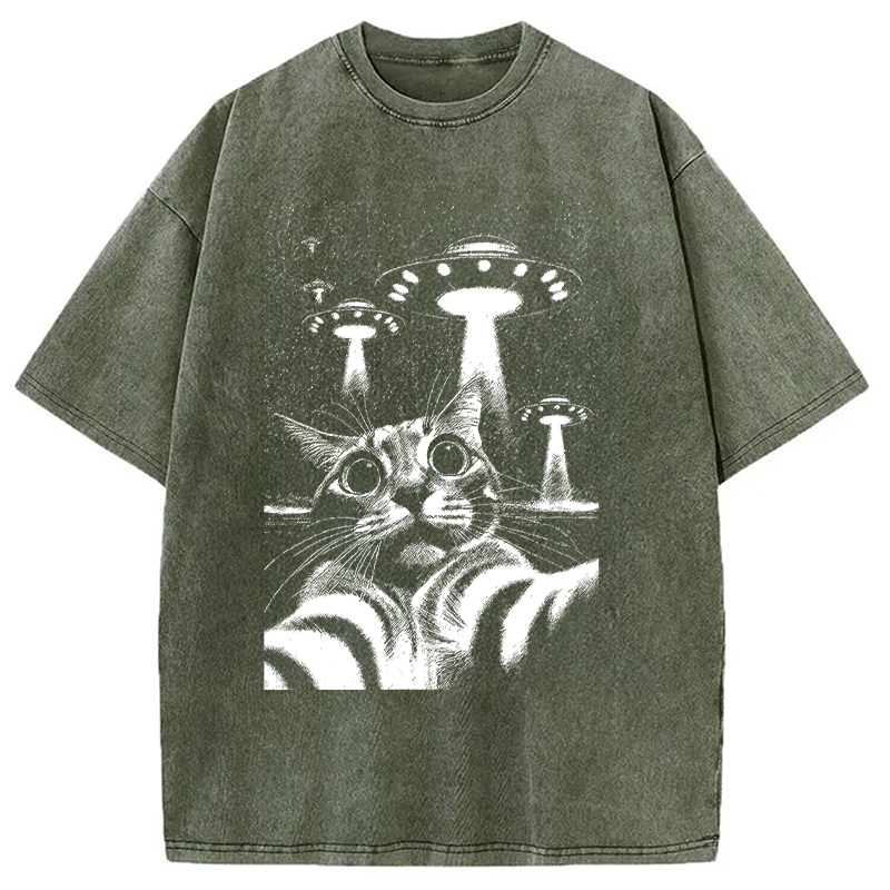 Modecanvas Alien Come For Cat DTG Printing Washed T-Shirt-modecanvas