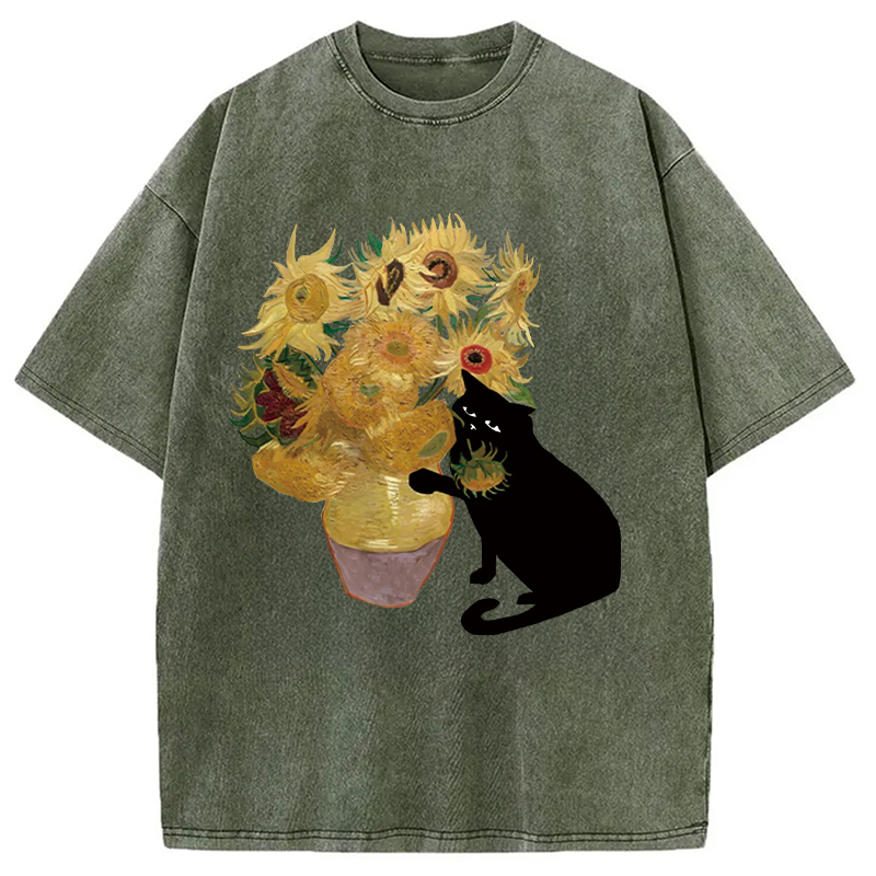 Modecanvas Cat Stealing Flowers Washed T-Shirt
