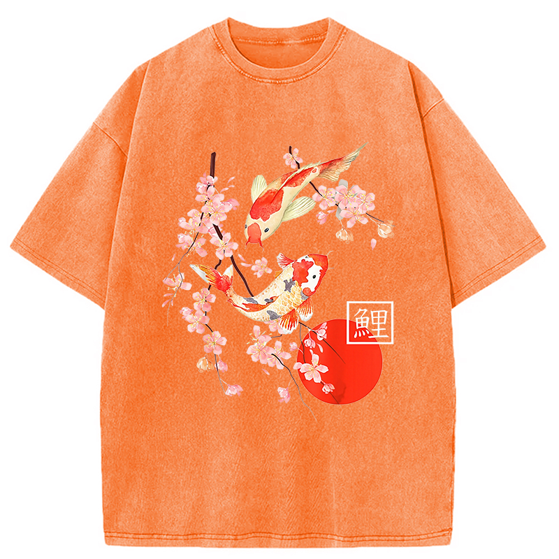 Modecanvas Cherry Blossom Koi Carp Fish Japanese Sakura Washed T-Shirt