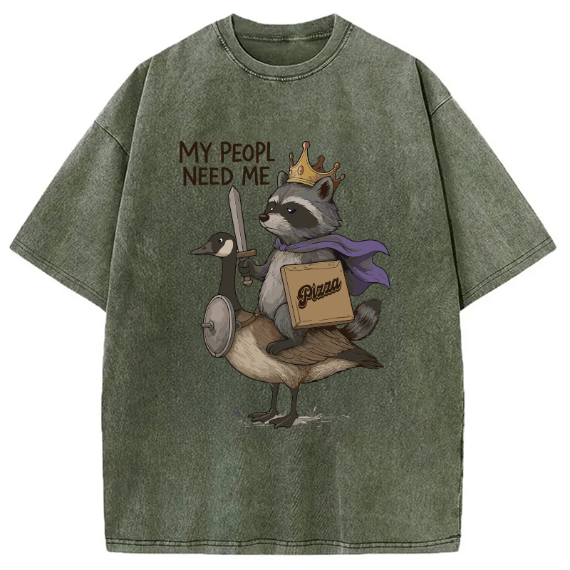 Modecanvas Funny Raccoon King Riding Goose Washed T-Shirt