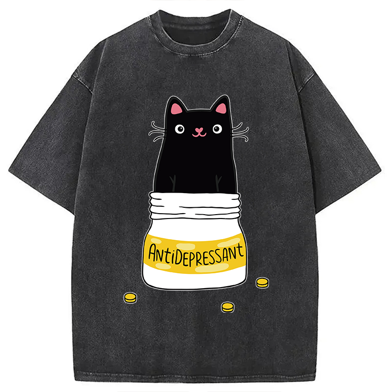 Modecanvas Cute Cat Antidepressant Funny Meme Washed T-Shirt