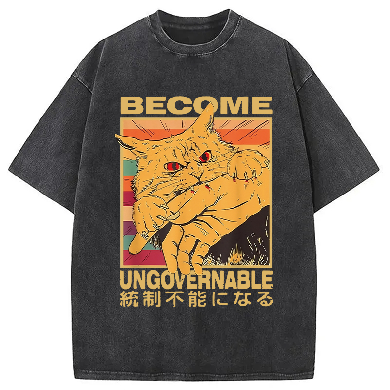 Modecanvas Become Ungovernable Funny Japanese Cat Bite Washed T-Shirt