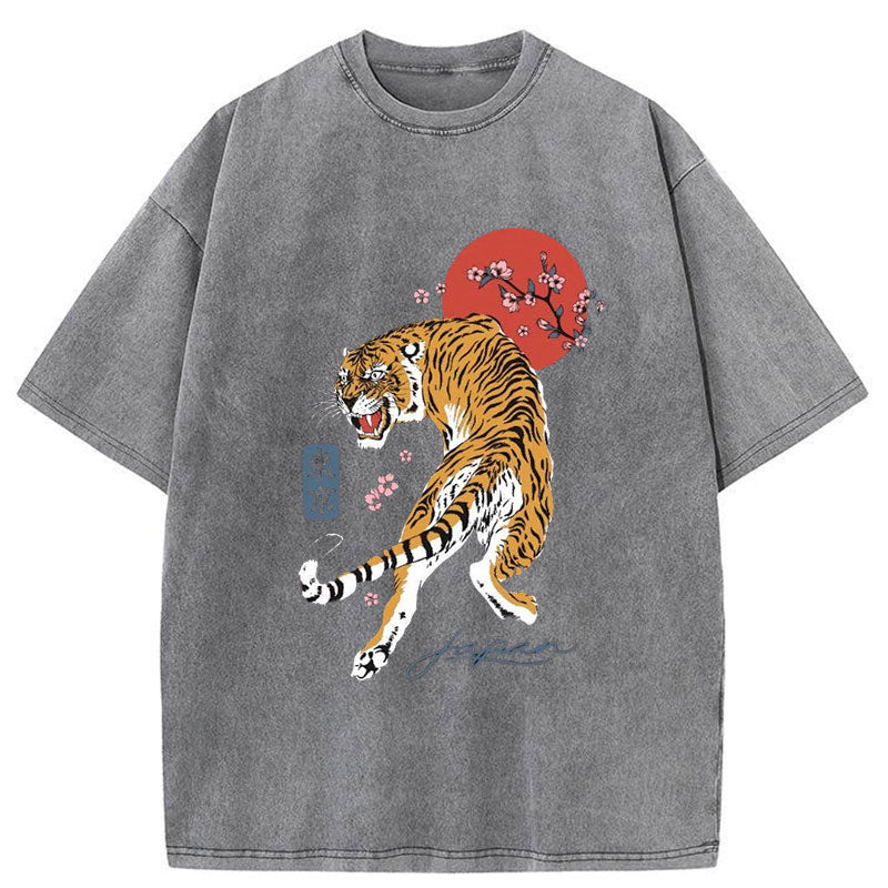 Modecanvas Tiger Blossom Japanese Sakura Washed T-Shirt-modecanvas
