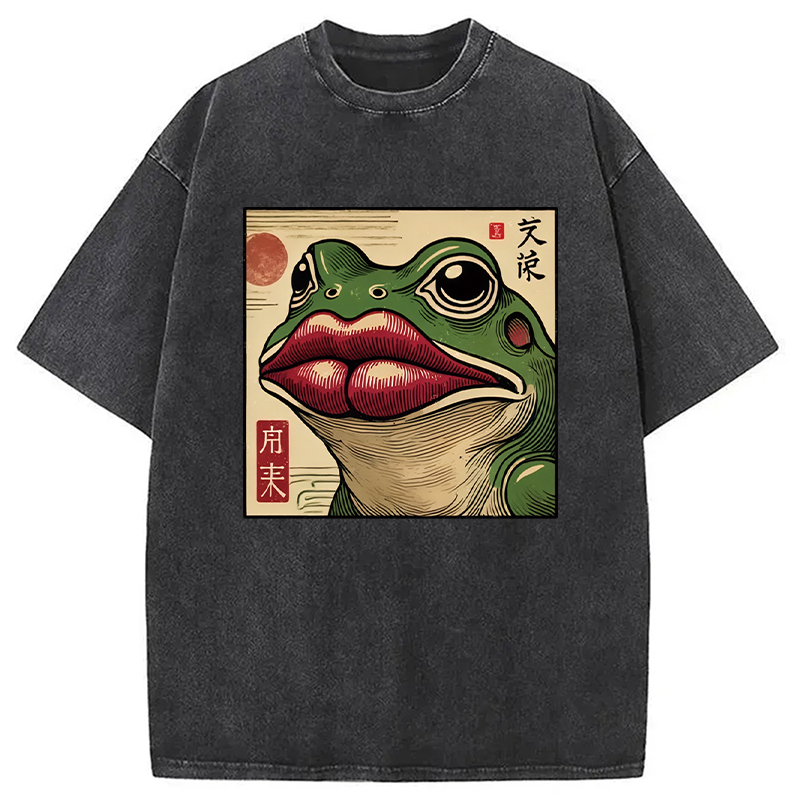 Modecanvas Funny Japanese Ukiyo-e Frog Washed T-Shirt