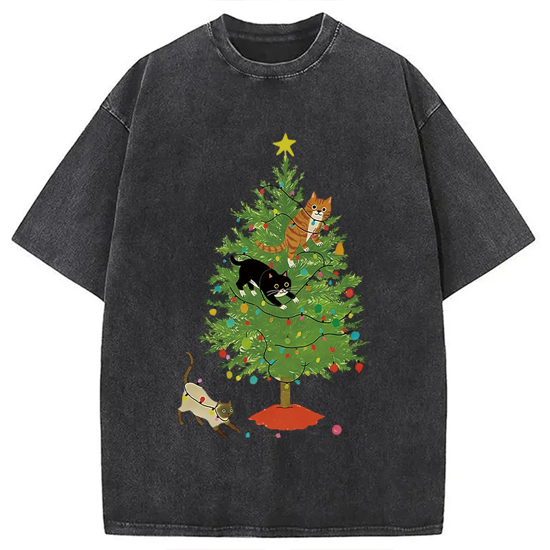 Modecanvas Cats Playing On The Christmas Tree Washed T-Shirt