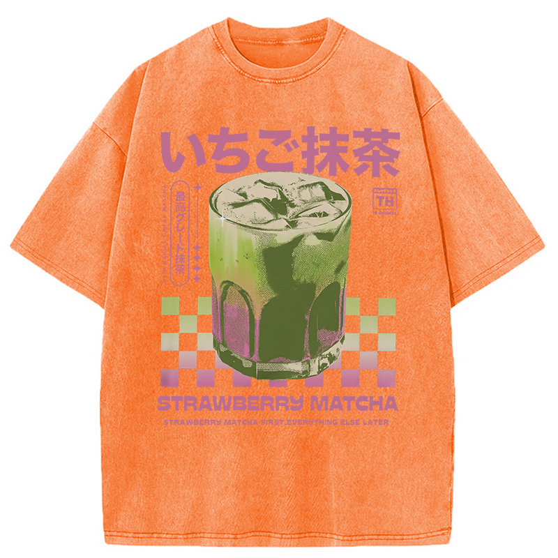 Modecanvas Strawberry Matcha Drink Washed T-Shirt