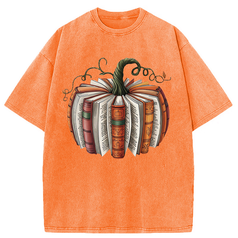 Modecanvas Fall Book Pumpkin Halloween Washed T-Shirt