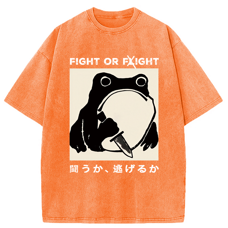 Modecanvas Fight Or Flight Funny Frog Japanese Washed T-Shirt