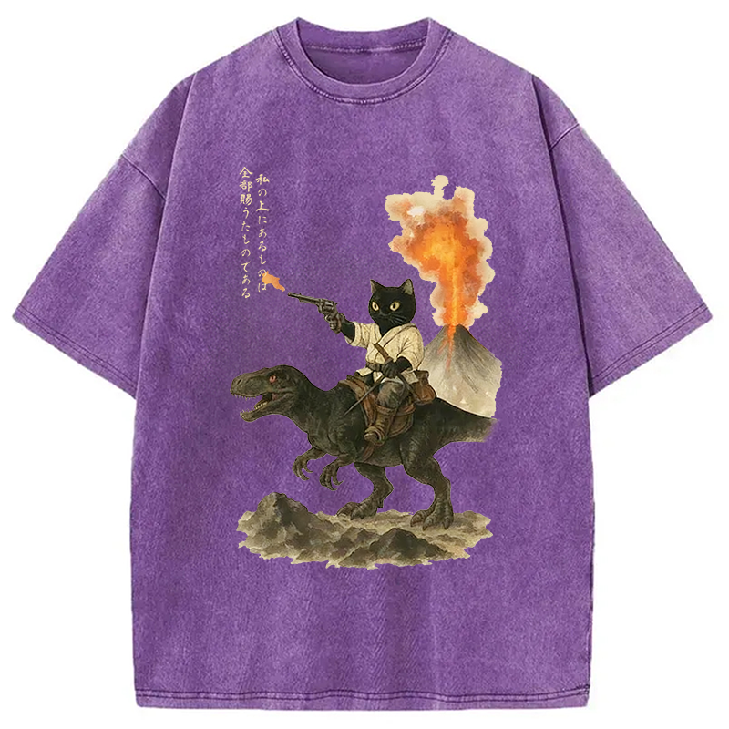 Modecanvas Cat Riding A Dinosaur Washed T-Shirt-modecanvas