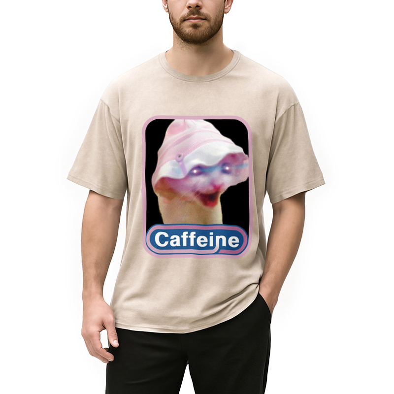 Modecanvas Caffeine Hat Cat Funny Meme Washed T-Shirt
