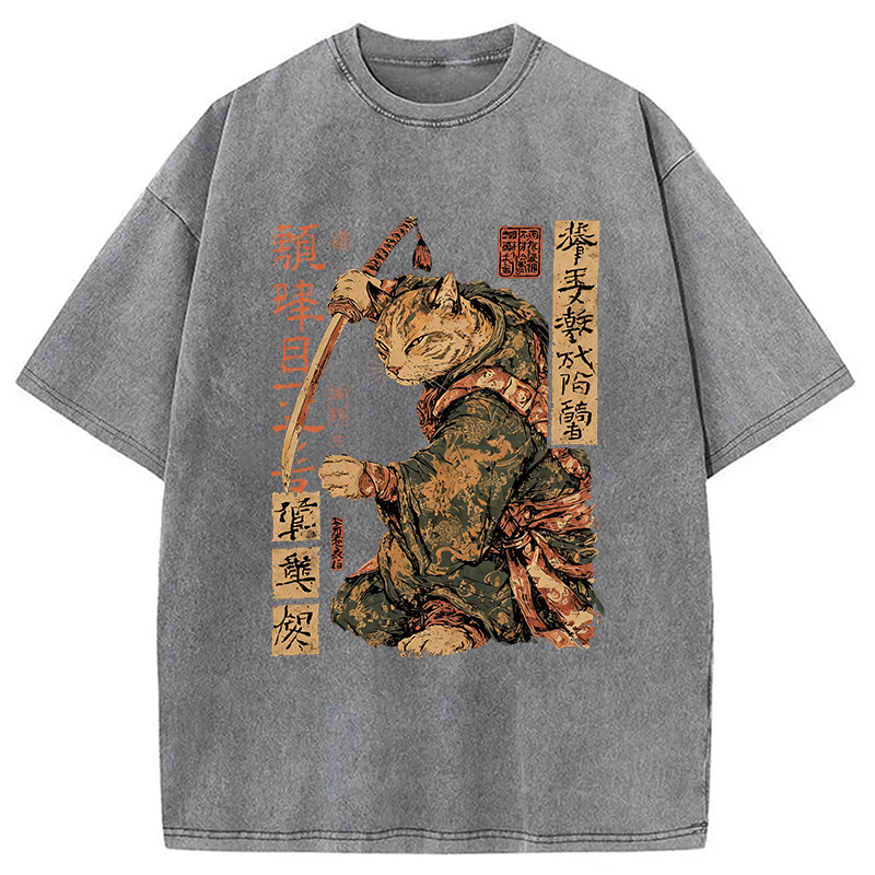Modecanvas Japanese Katana Warrior Cat DTG Printing Washed T-Shirt-modecanvas