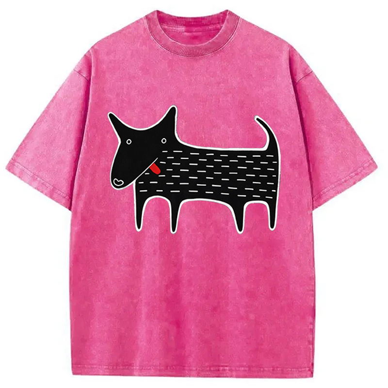 Modecanvas Black Dog Kawaii Folk Art DTG Printing Washed T-Shirt