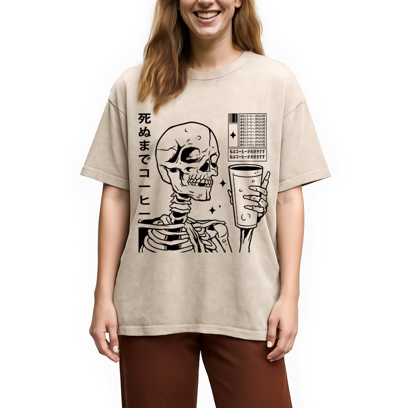 Modecanvas Japanese Skeleton Coffee DTG Printing Washed T-Shirt-modecanvas