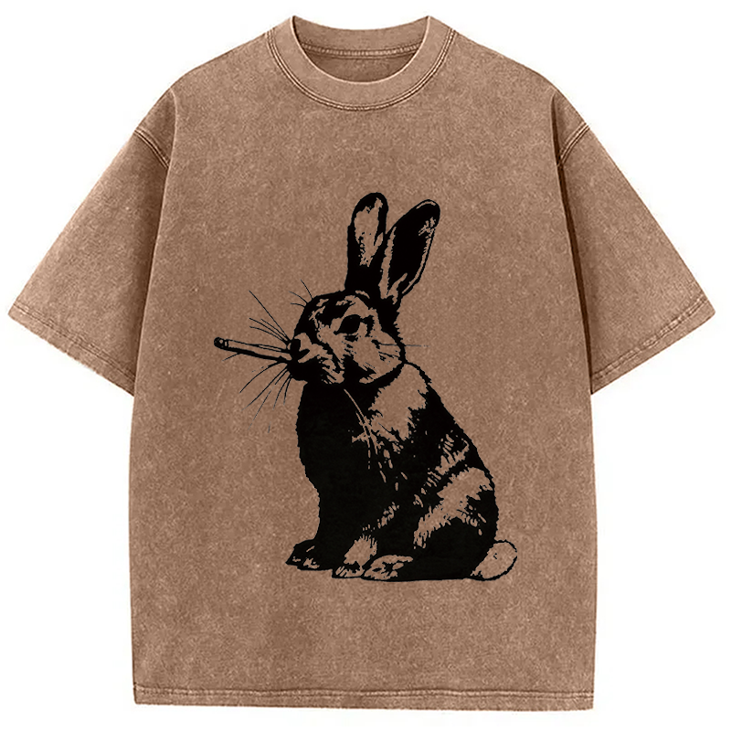 Modecanvas Funny Rabbit Smoking DTG Printing Washed T-Shirt