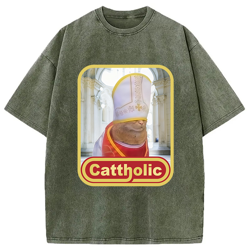Modecanvas Cattholic Cat Funny Washed T-Shirt