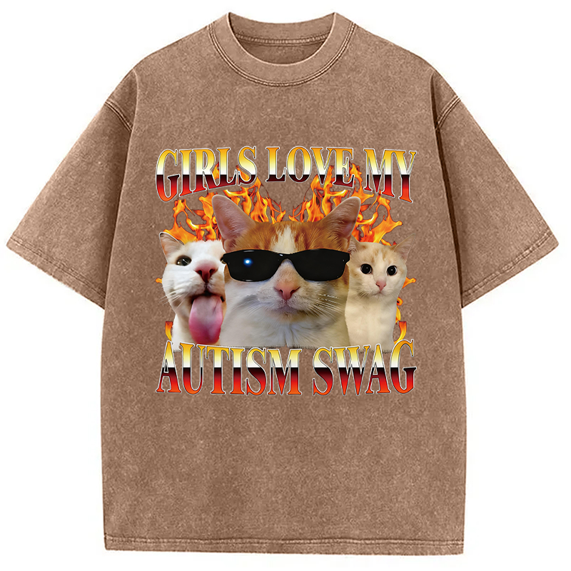 Modecanvas Girls Love My Autism Swag Funny Cat Meme DTG Printing Washed T-Shirt