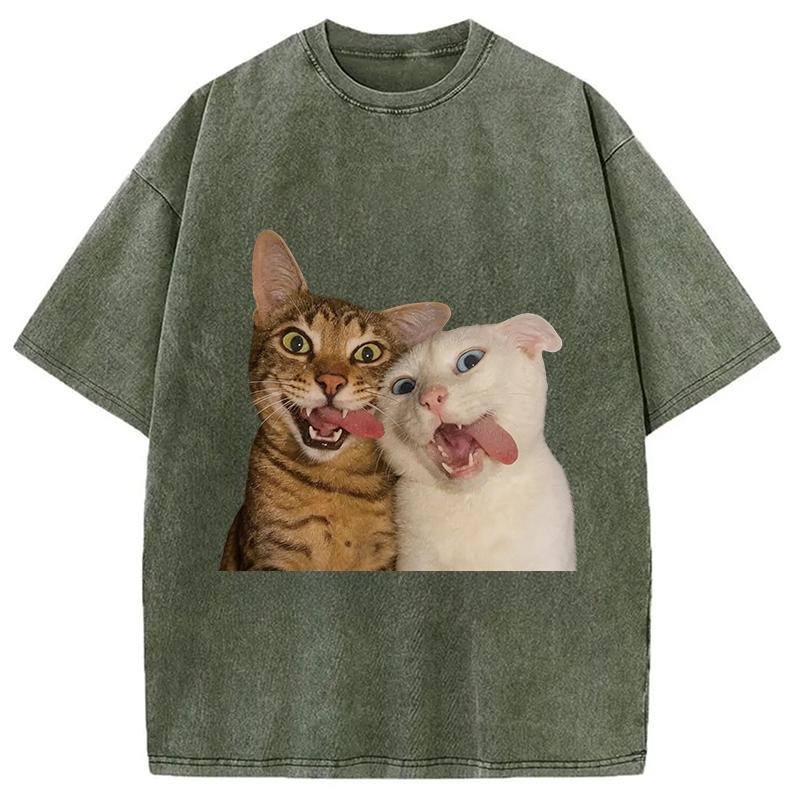 Modecanvas Funny Cat Tongue Out DTG Printing Washed T-Shirt