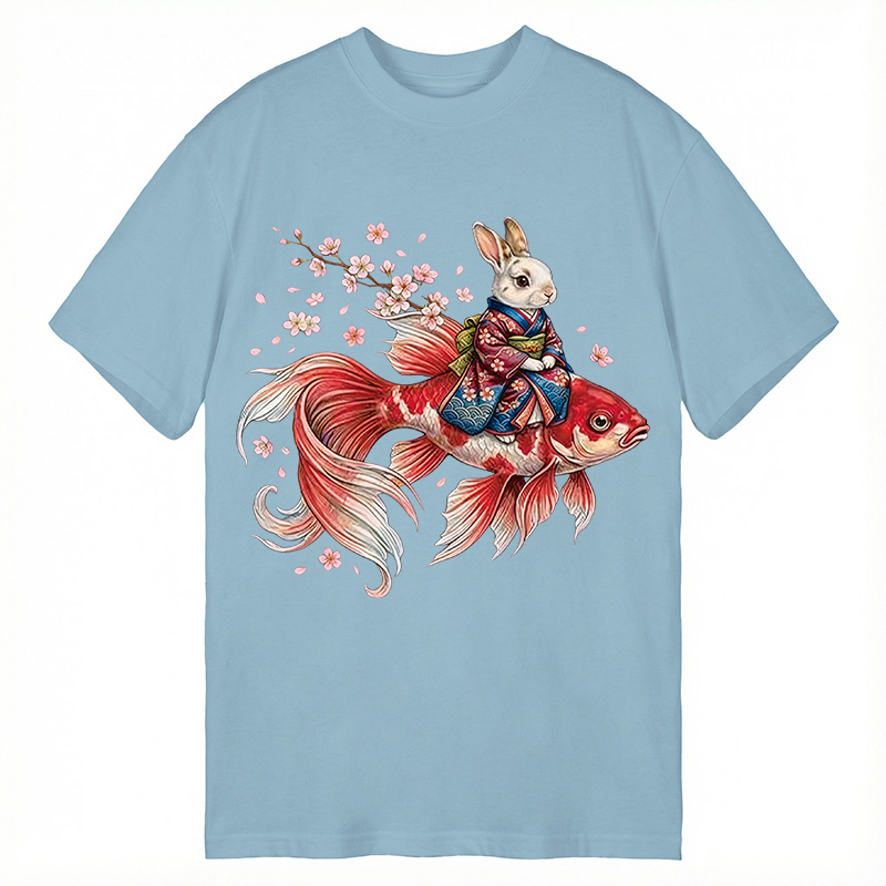 Modecanvas Japanese Style Rabbit And Koi Fish DTG Printing Classic T-Shirt-modecanvas