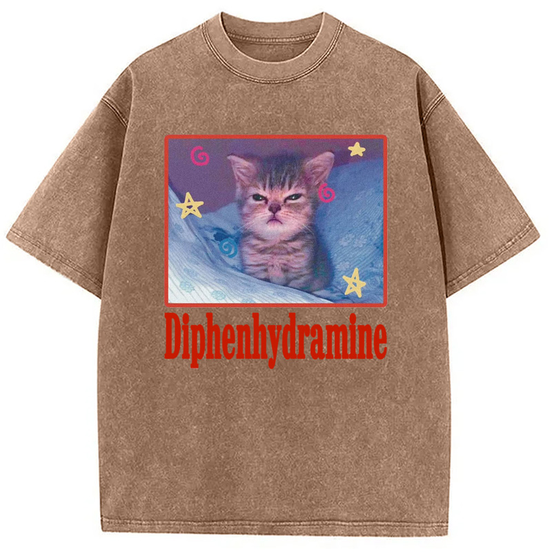 Modecanvas Diphenhydramine Cat Meme Washed T-Shirt-modecanvas