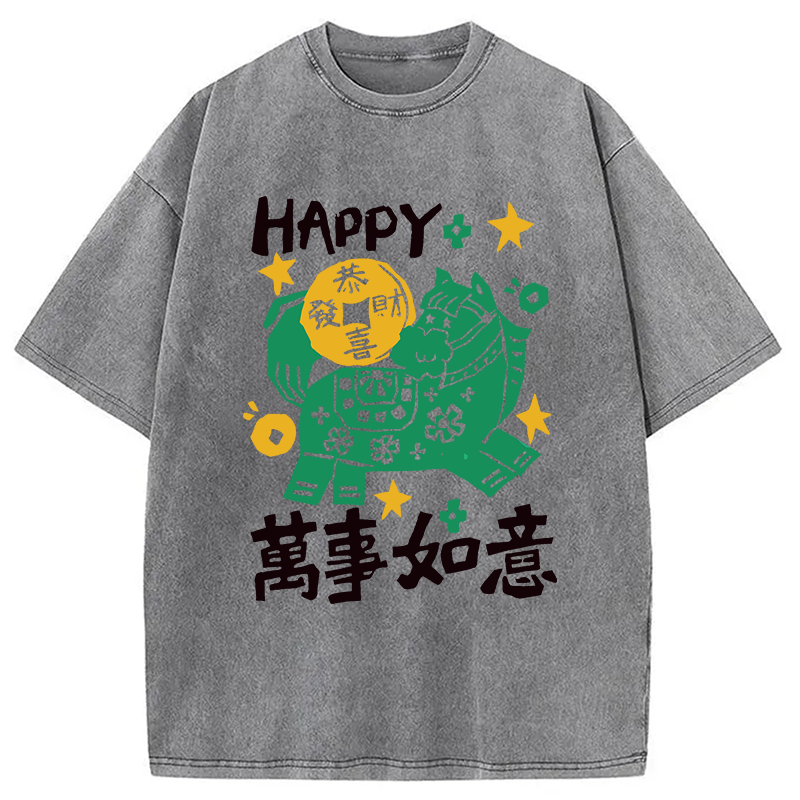 Modecanvas Happy Horse Best Wishes DTG Printing Washed T-Shirt-modecanvas