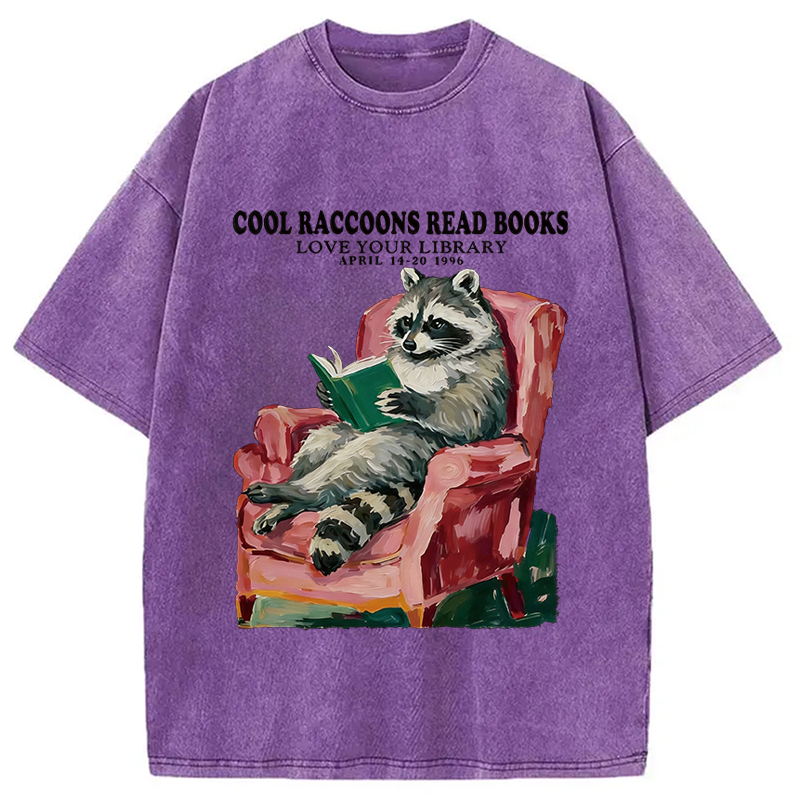 Modecanvas Cool Raccoon Reads DTG Printing Washed T-Shirt-modecanvas
