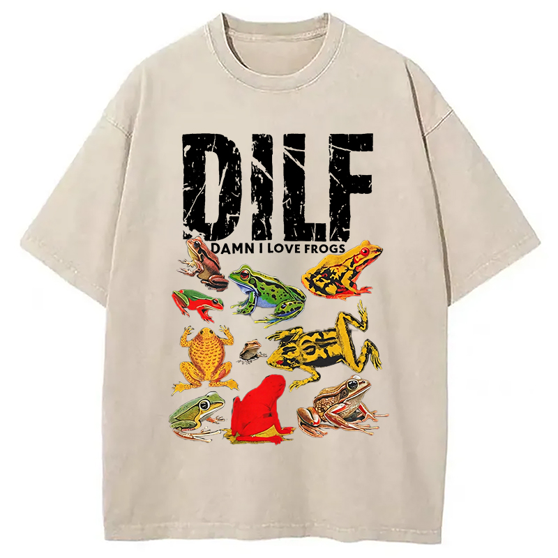Modecanvas DILF Man I Love Frogs Funny Meme Washed T-Shirt-modecanvas