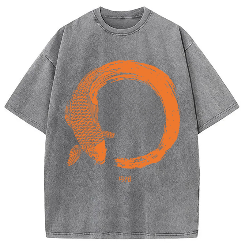 Modecanvas Orange Koi Fish Circle DTG Printing Washed T-Shirt