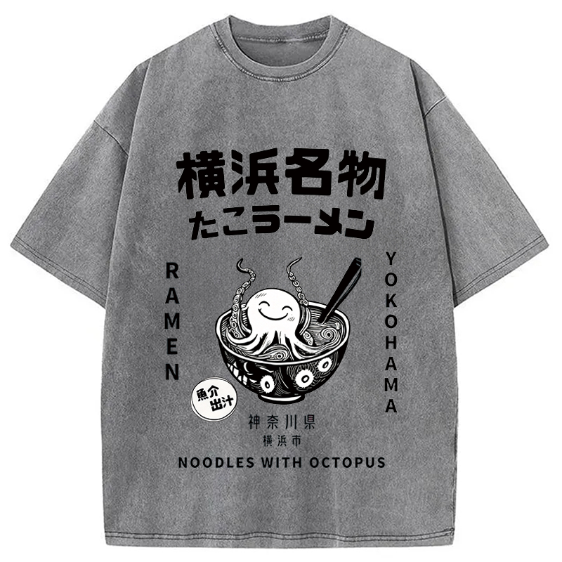 Modecanvas Japanese Kanji Art Octopus Ramen DTG Printing Washed T-Shirt