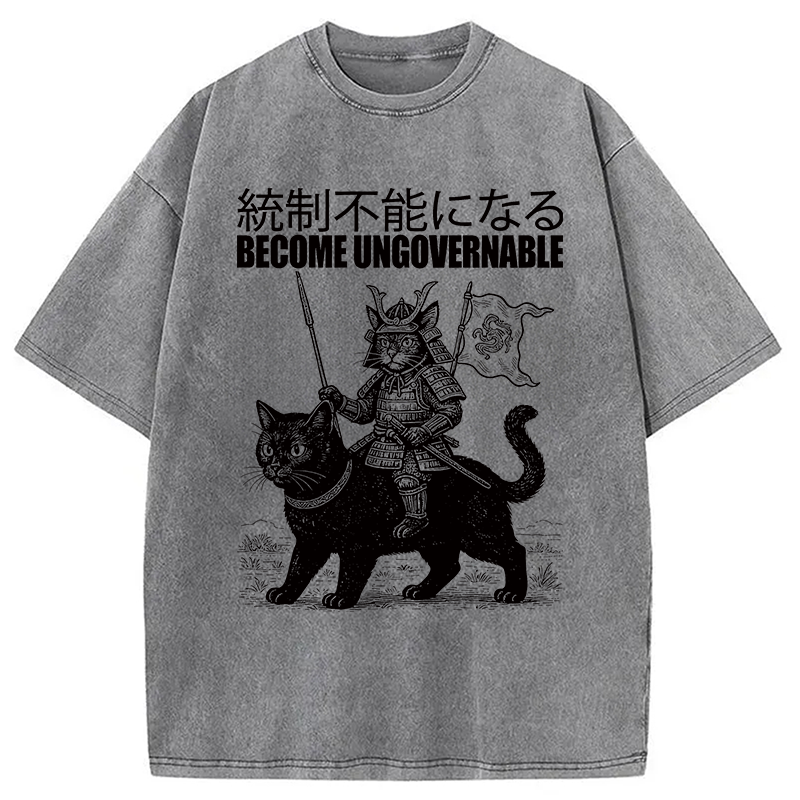 Modecanvas Become Ungovernable Japanese Funny Cat Samurai Riding A Cat DTG Printing Washed T-Shirt-modecanvas