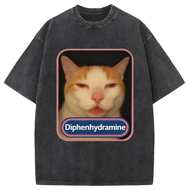 Modecanvas Pink Diphenhydramine Meme Cat Washed T-Shirt-modecanvas