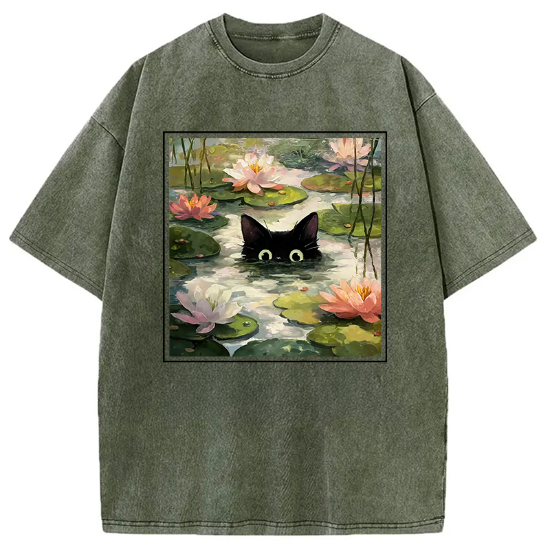 Modecanvas Black Cat and Lotus Flower Washed T-Shirt