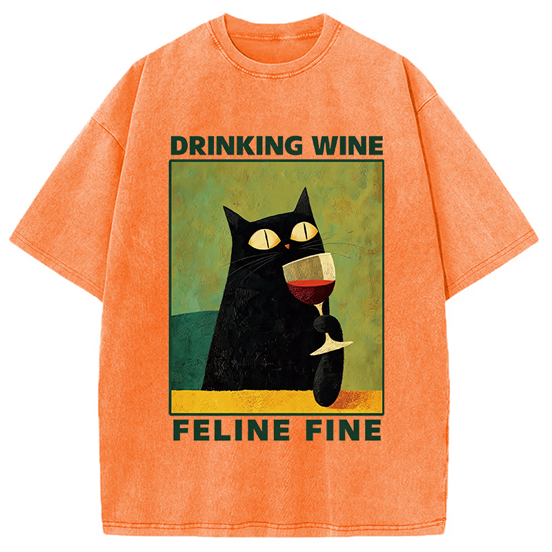 Modecanvas Drinking Wine Feline Wine DTG Printing Washed T-Shirt