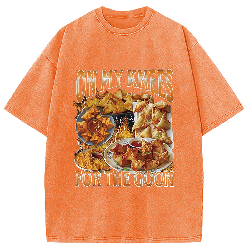 Modecanvas On My Knees Funny Crab Rangoon Meme Washed T-Shirt