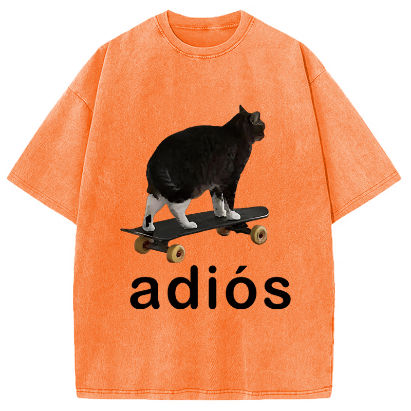 Modecanvas Adios Funny Cat Meme DTG Printing Washed T-Shirt