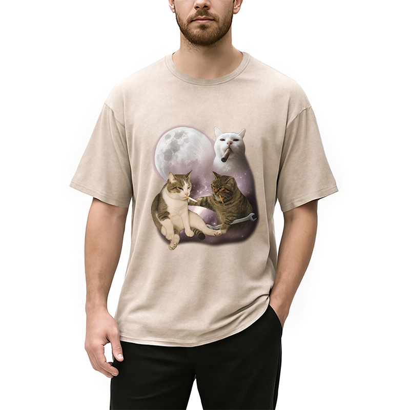 Modecanvas Three Cat Smoking Retro Washed T-Shirt
