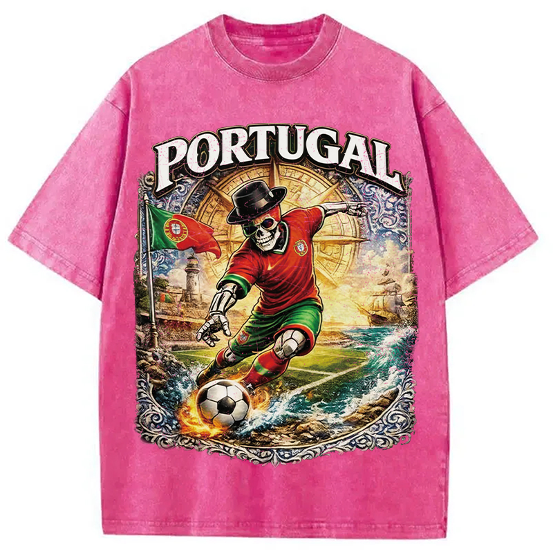 Modecanvas Portugal Soccer Skull DTG Printing Washed T-Shirt