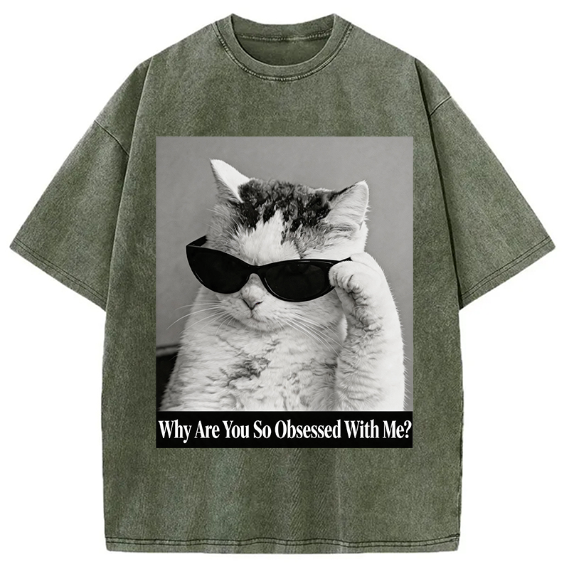 Modecanvas Why Are You So Obsessed WIth Me? Cat Meme DTG Printing Washed T-Shirt