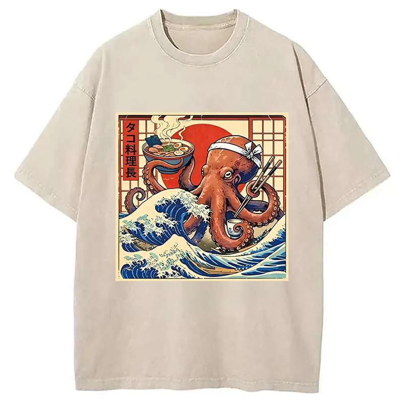 Modecanvas Ukiyo-E Octopus Ramen DTG Printing Washed T-Shirt