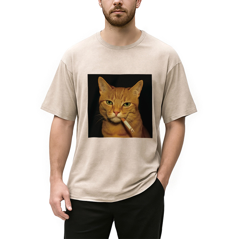 Modecanvas Funny Orange Cat Smoking Meme Washed T-Shirt