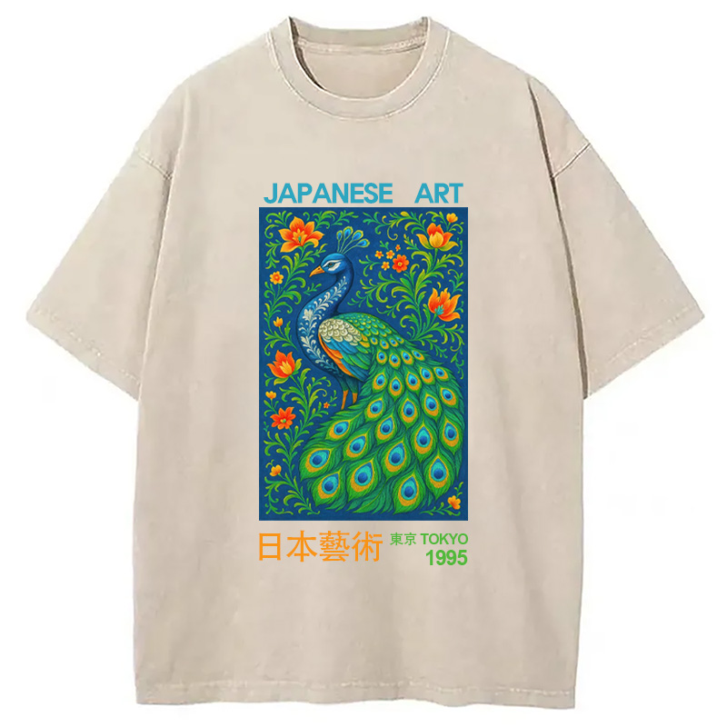 Modecanvas Majestic Peacock Japanese Art Washed T-Shirt