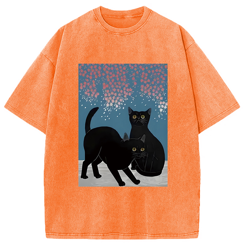 Modecanvas Black Cat Under The Sakura Washed T-Shirt