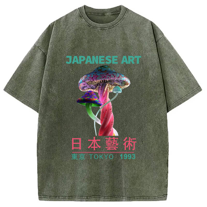 Modecanvas Psychedelic Mushrooms Japanese Art Washed T-Shirt