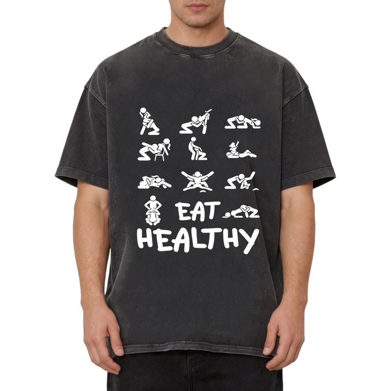 Modecanvas Eat Healthy Funny DTG Printing Washed T-Shirt