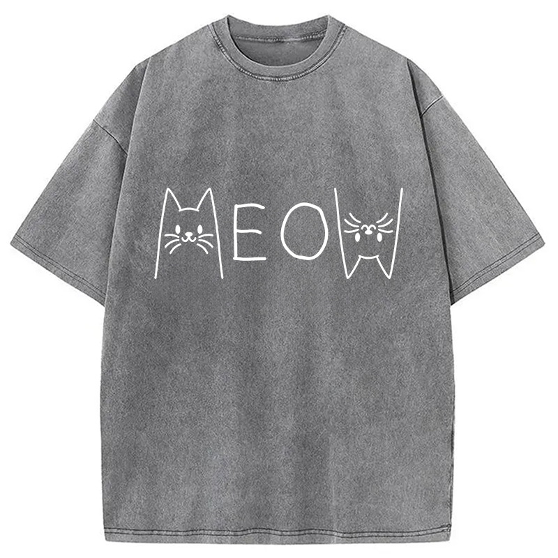 Modecanvas Meow Cat Meme DTG Printing Washed T-Shirt
