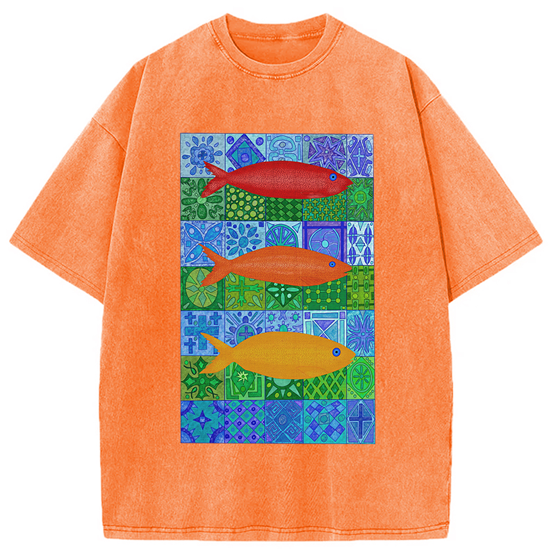 Modecanvas Three Fishes DTG Printing Washed T-Shirt