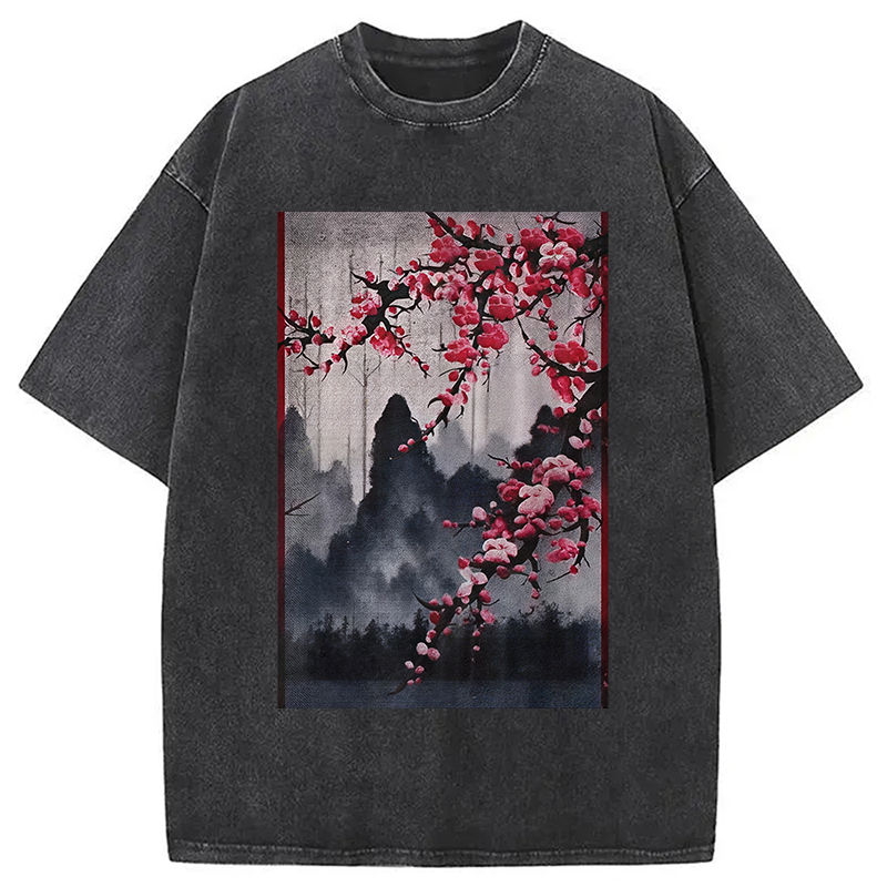 Modecanvas Cherry Blossom Woodblock Japanese Washed T-Shirt