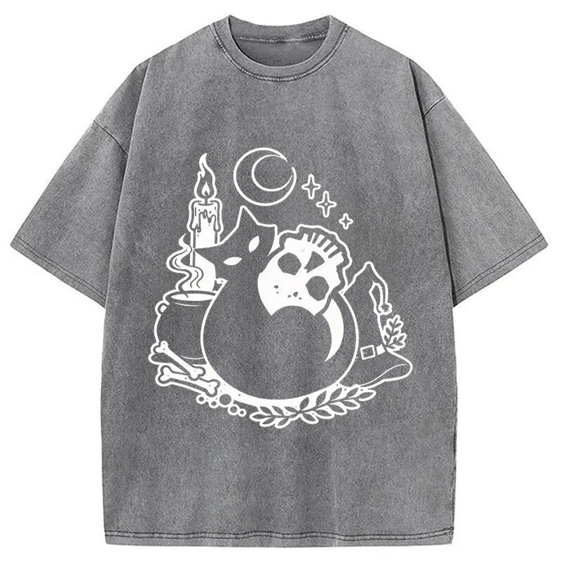 Modecanvas Black Cat Holding Skull DTG Printing Washed T-Shirt